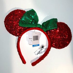 Disney Mickey Minnie Mouse Ears Christmas Sequin Bow